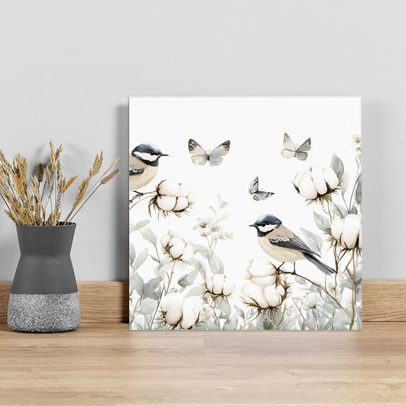 Butterfly Flower Wall Art Painting on Canvas, Cotton Rustic Watercolor Leaf Floral Canvas Art Home Prints Wall Art Framed Modern Artwork for Living Room Bedroom Wall Decor 8x8in