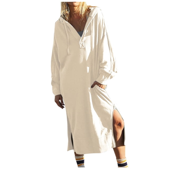 Japceit Robe à Manches Longues pour Femmes Blouses à Manches Longues pour Femmes Mode Femmes Décontracté à Manches Longues Uni Hauts Zippés pour Dames Blouse avec Poche Chandails à Capuche Robe à Capuche Blouses à Manches 3/4 pour Femmes