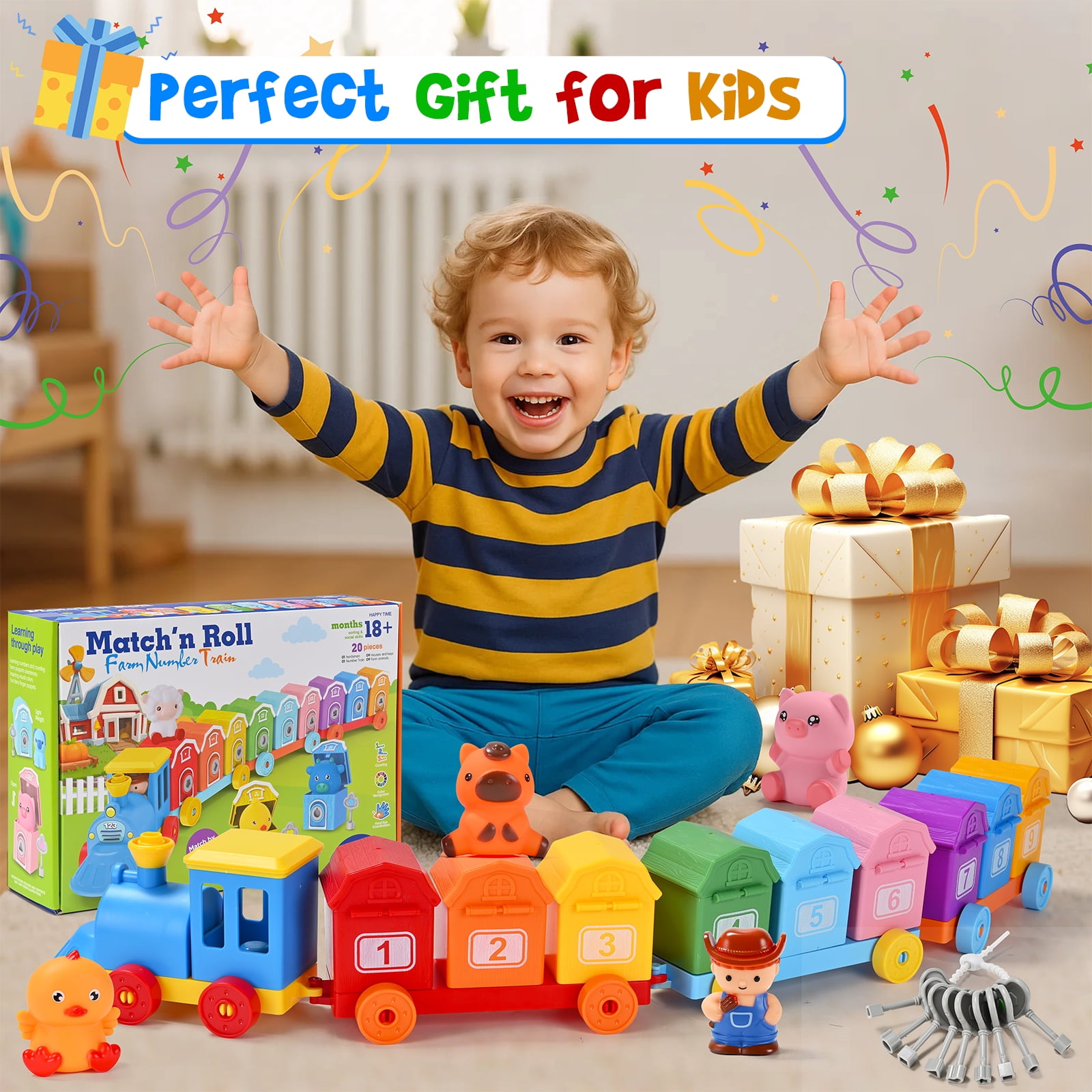 IYHN Farm Train Learning Toy, Counting, Matching & Sorting Montessori Learning Animal Set Including 9 Farm Animals and 1 Farmer, Easter Christmas Birthday Gift for for Toddlers
