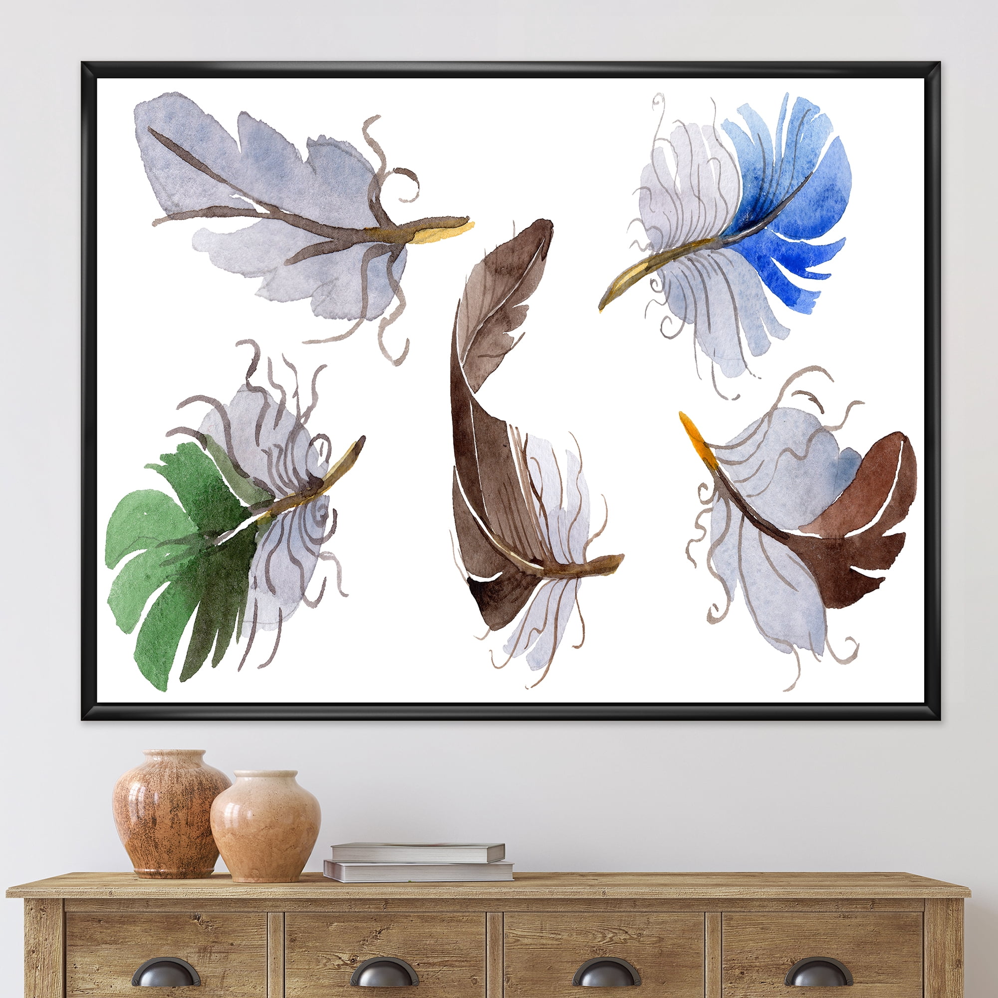 Designart 'Colourful Boho Feather Set On White IV' Bohemian & Eclectic Framed Canvas Wall Art Print