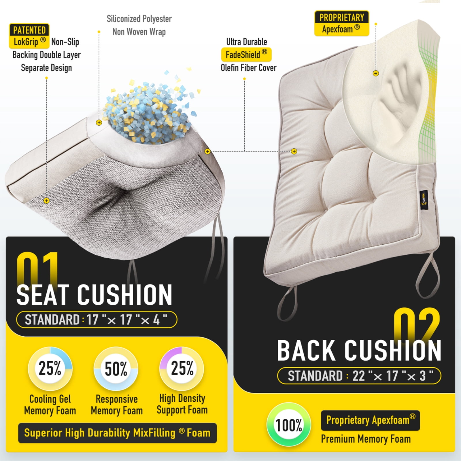 SUNROX Memory Foam Non Slip Rocking Chair Cushion, Set of Seat & Back Cushion with Ties for Indoor/Outdoor Rocker, FadeShield Water Resistant Thicken Durable Tufted Pads, 2 Piece, Cream