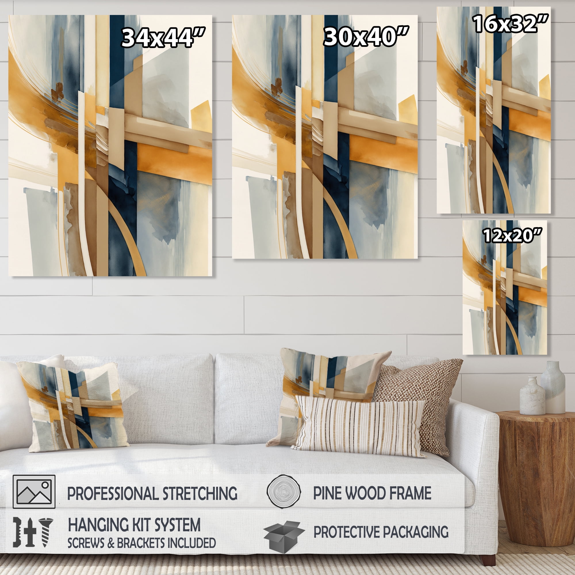 Designart Modern Blue And Gold Abstract I Canvas Wall Art