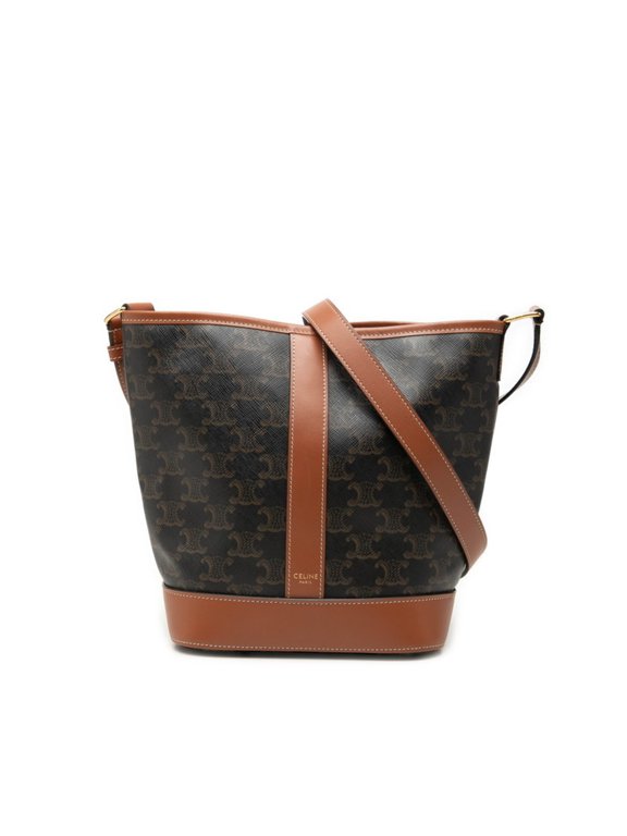 Pre-Owned Celine Triomphe Small Bucket Crossbody Shoulder Bag, Brown/Black Leather, Women's...