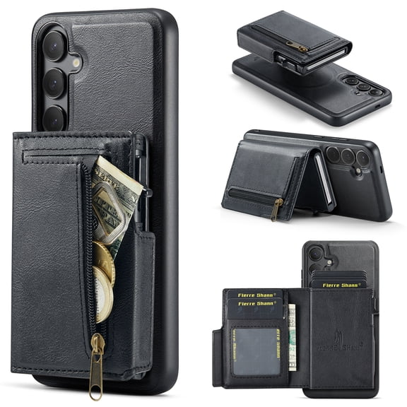 Allytechgroup Wallet Case for Samsung Galaxy S24 FE, Built-in Card Holder PU Leather Shell Non-Slip Anti-Fingerprint Suppoort Wireless Charging Shockproof Protective Bumper for Women Men, Black