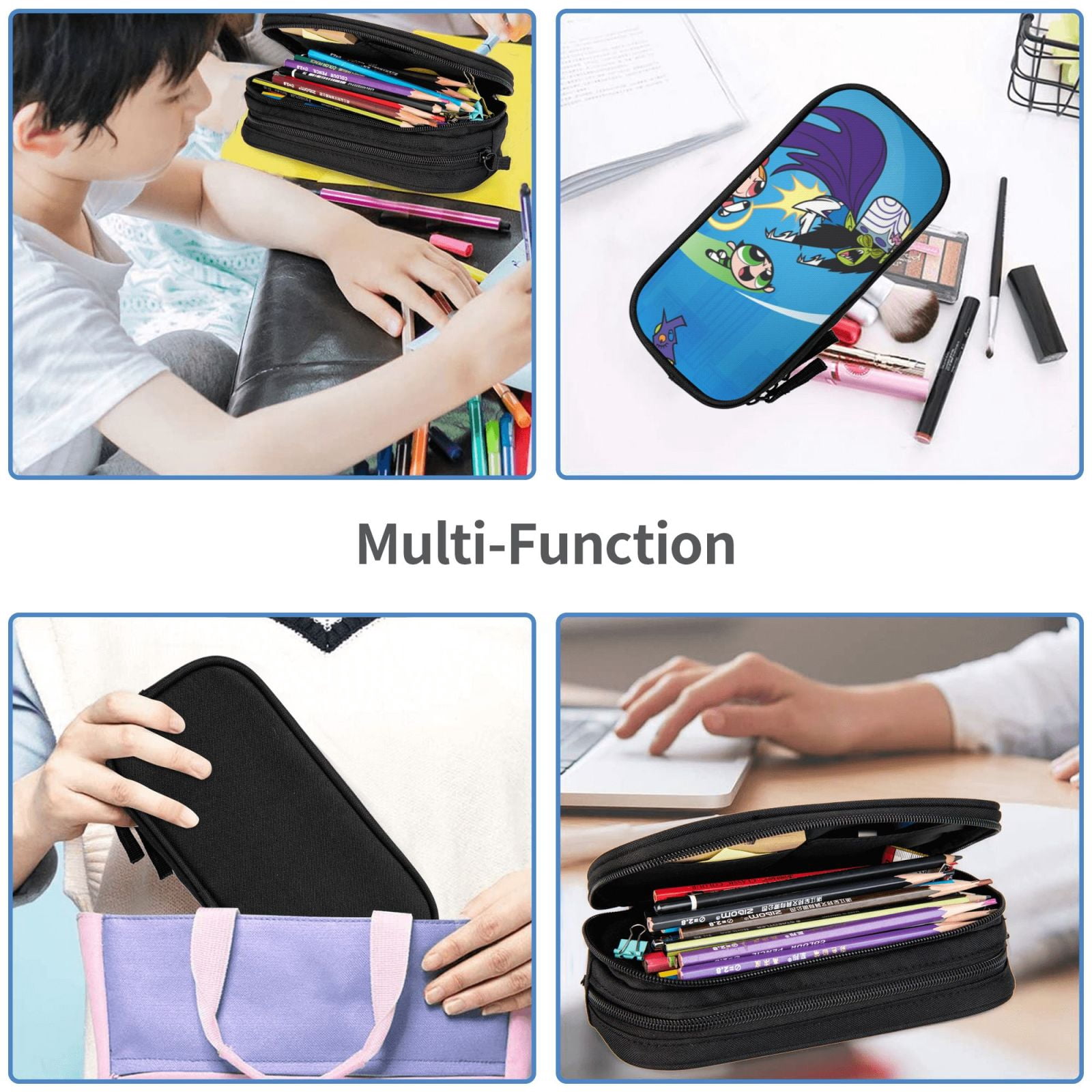 The Powerpuff Gi-rls Pencil Case Large Capacity Pencil Pouch Penbag Office Stationery Organizer Travel Makeup Bag Black