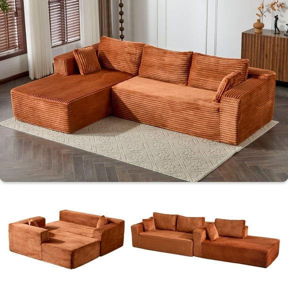 L-Shape Sectional Sofa Couch with Comfy Chaise,Modular Compression Sectional Couch with Deep Seat,Corduroy Sleeper Sofa Couches for Living Room Bedroom Apartment,Brown