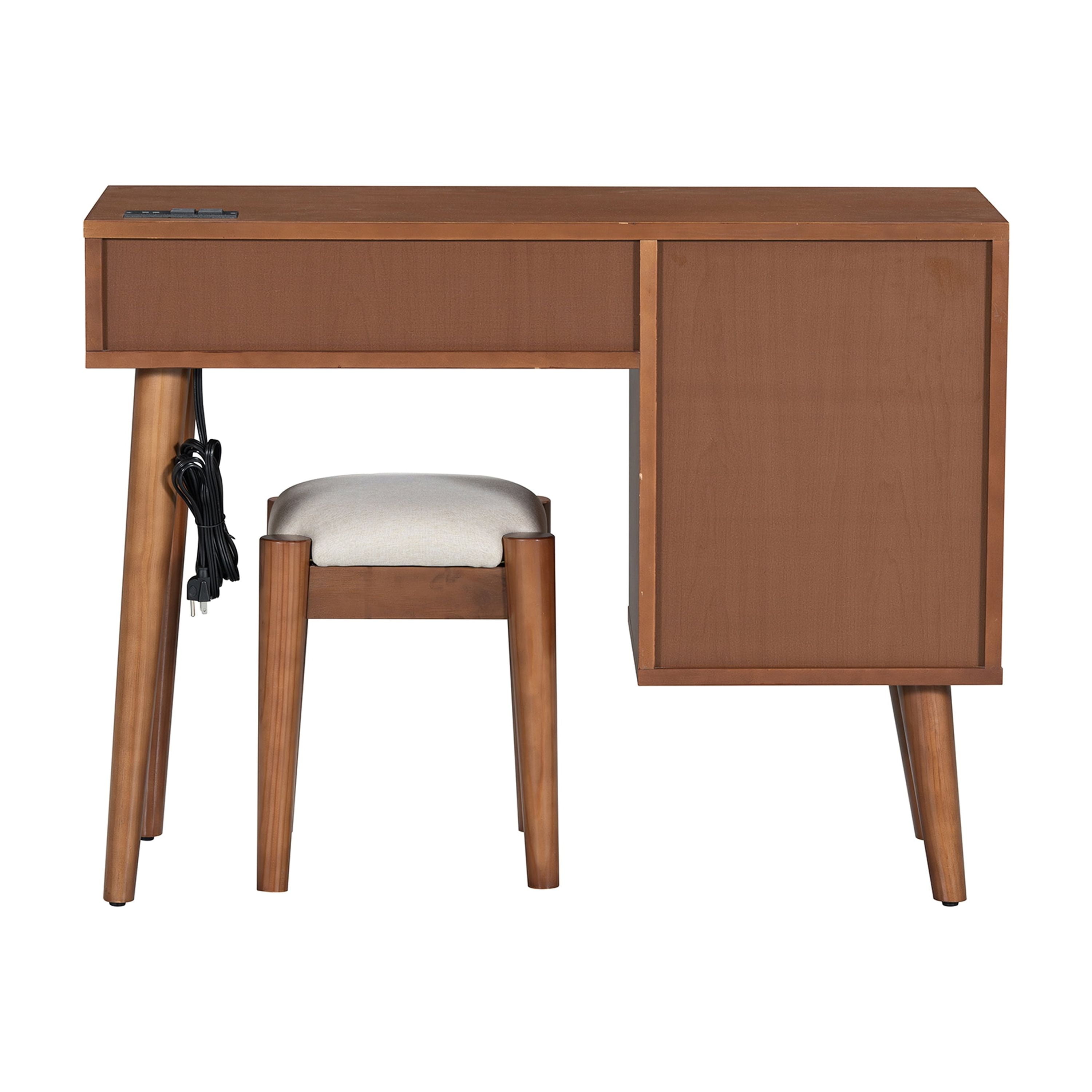 Harper & Bright Designs 39" Wood Vanity Desk with Rattan Drawers , Makeup Vanity Table Set with Stool , Dressing Table with Charging Plug and USB Port for Bedroom , Wood (Mirror not included)