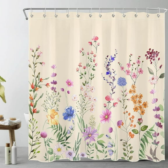 Farmhouse Floral Shower Curtain for Bathroom,Nature Colorful Wildflower and Green Botanical on Beige Fabric Shower Curtain with Hooks,Spring Country Theme Bathroom Curtains Shower Set, 72x72 inches