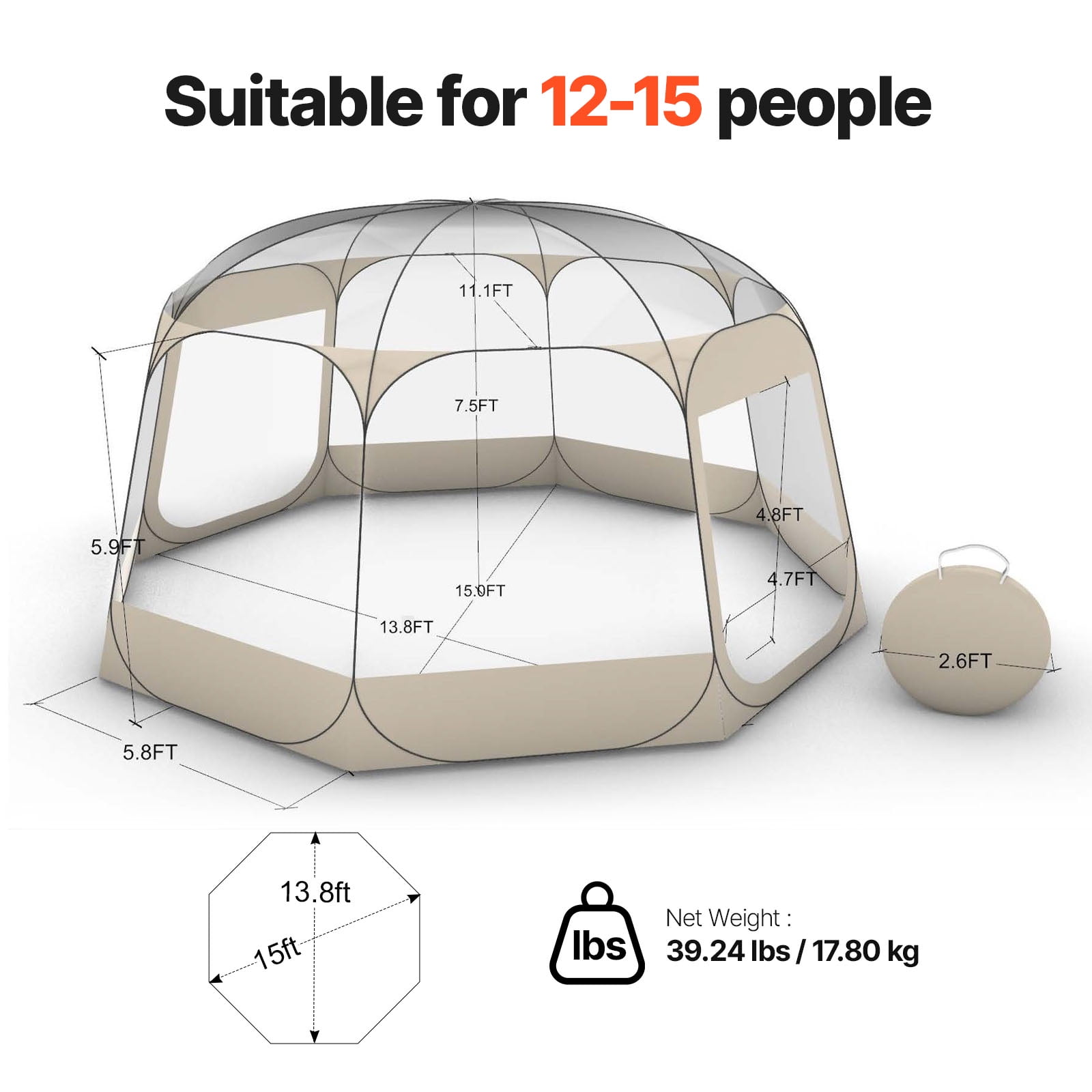 KFFKFF Pop-Up Bubble Tent, 15 x 13.8 ft Waterproof & UV-Protected, Transparent Outdoor Dome Shelter with Windows, 540° Panoramic View, Ideal for 12-15 People in Patios or Backyards