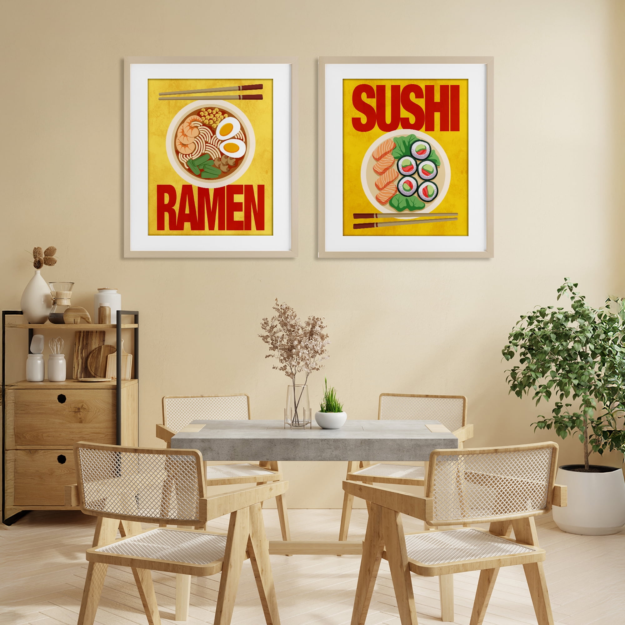 Stupell Industries Ramen & Sushi Japanese Cuisine 2 Piece Birch Framed Print Under Glass Set, design by Marcus Prime