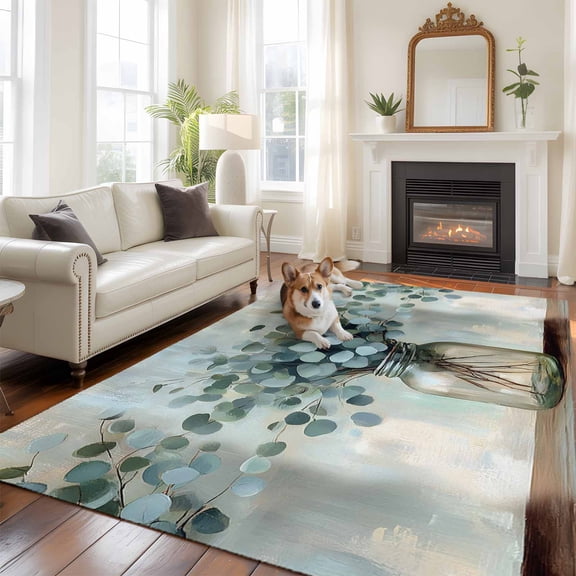 5'x8' Area Rugs, Summer Eucalyptus Indoor Outdoor Area Rug for Living Room Bedroom, Spring Leaves Botanical Floral Washable Bathroom Rugs Kitchen Floor Carpet Mats Home Decor Aesthetic