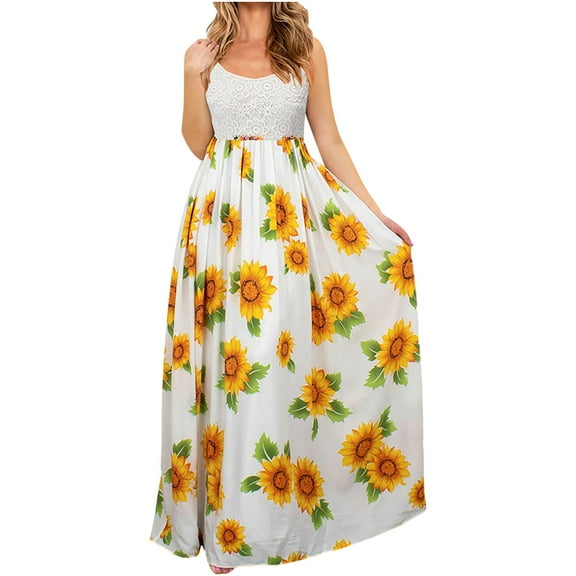 Womens Dress Sleeveless Print Lace Sling V-Neck Ankle-Length Dress