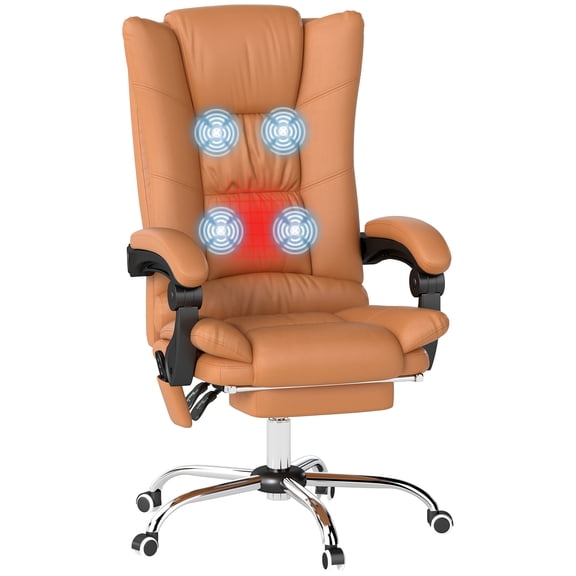 PU Leather Executive Massage Office Chair with Heating, 135° Reclining High Back Desk Chair with Footrest, Swivel Ergonomic Computer Chair for Home Office, Light Brown, 46.5" H