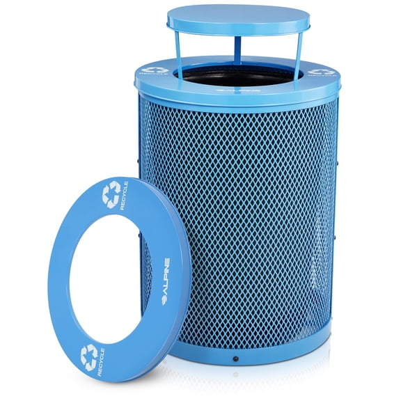 Alpine Outdoor Trash Can 36 Gallon Diamond Steel Commercial Metal Waste Bin with Leak Proof Liner, Heavy Duty Steel Mesh Design, Rain Bonnet Lid & Flat Lid for Parks, Streets, and Public Spaces-Blue