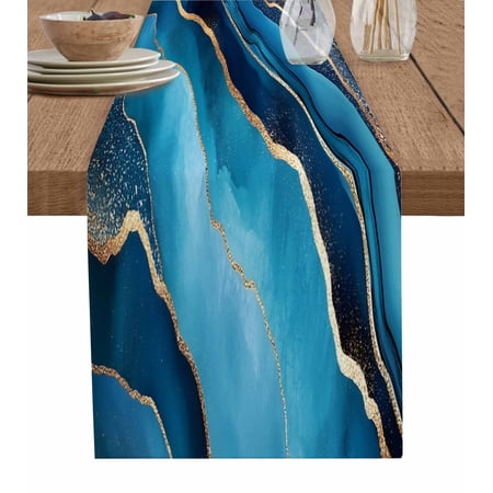 Ldtrchee Navy Blue Marble Table Runner 72 Inches Ink Painting Modern Yellow Abstract Bed Runner Dresser Scarves Tabletop for Indoor Outdoor Parties/Ceremony/Banquet 14 x 72