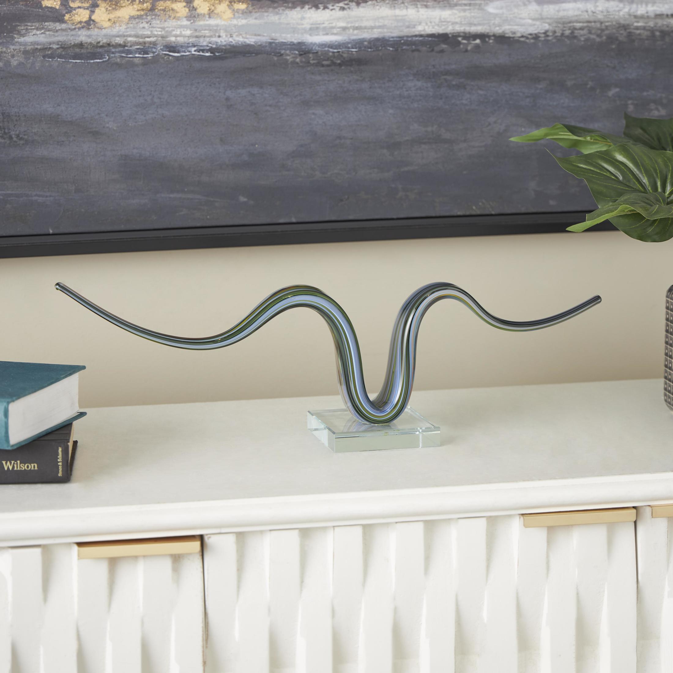 20" x 6" Multi Colored Glass Wave Abstract Sculpture with Clear Base, by DecMode