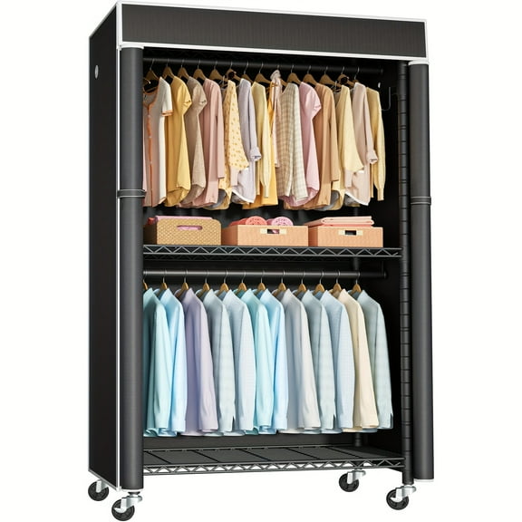 Lockable Rolling Garment Rack with Dust Cover - Heavy-Duty Carbon Steel Wardrobe with Double Hanging Rods & 3-Tier Shelves, 35"x18"x73" Mobile Closet