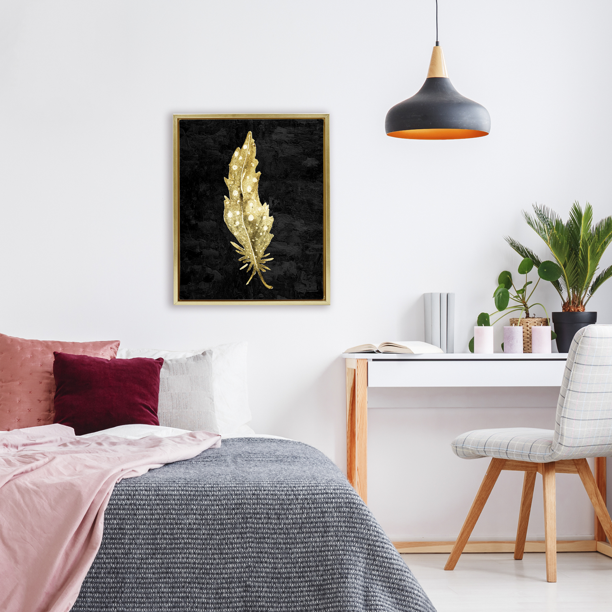 Feather On Black Gold Framed Floater Canvas Wall Art, design by Kim Allen