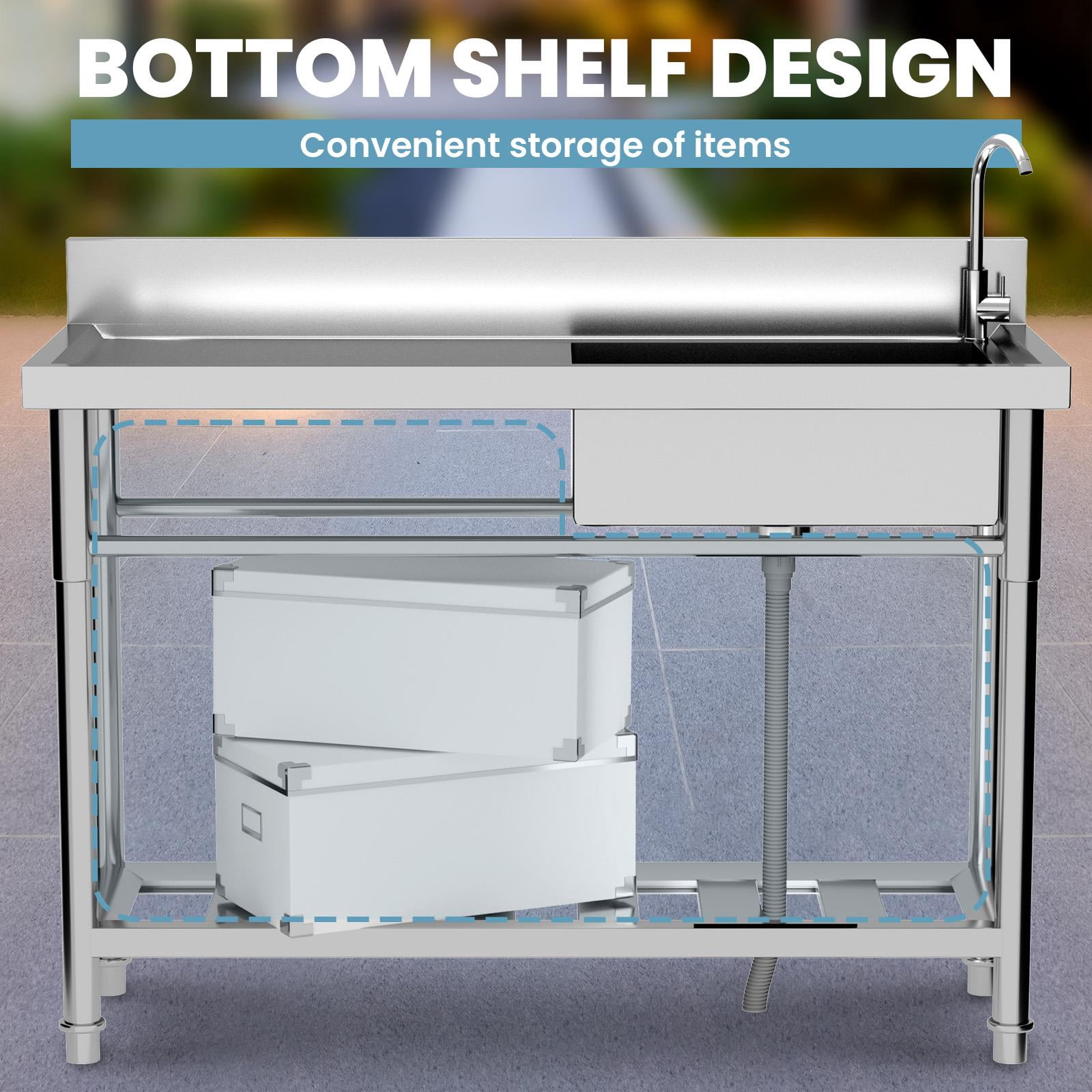 47.3" Commercial Stainless Steel Sink Workstation, 304 Stainless Single Bowl Utility Sink with Drainboard, 360° Swivel Faucet & Storage Shelf for Restaurant, Garage, Laundry