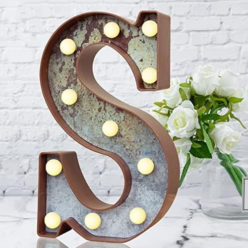 LED Marquee Light Up Letters Industrial Vintage Style Lighted Letters Rust Metal Effect Marquee Letter with Lights Illumination Letter Signs for Christmas Wedding Birthday Party Home Cafe Bar Decor-S