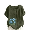 thumbnail image 3 of DDAPJ pyju Linen Tops for Women Short Sleeve Floral Print Tshirts Loose Fit Round Neck Casual Dressy Blouse on Sale Green L, 3 of 5