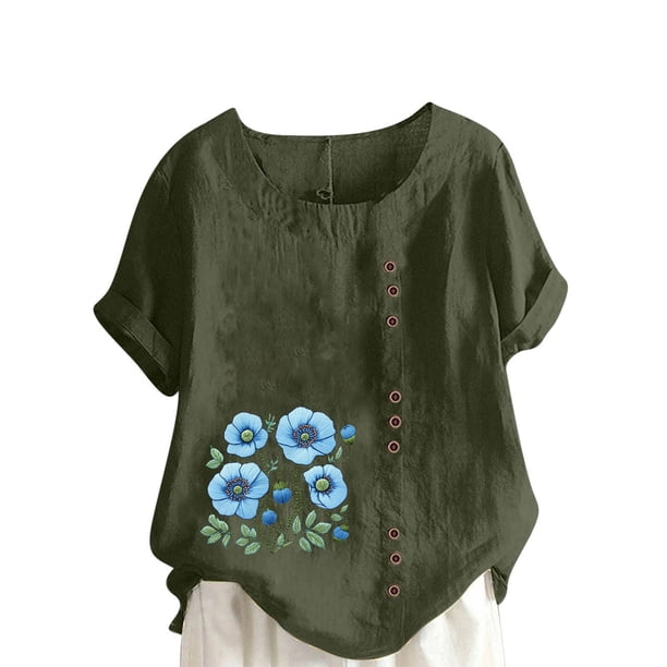 Vestidos Casuales Para Mujer, Blusas De Mujer De Moda Blusa tipo túnica informal de lino con estampado de peces del océano y botones de manga corta para mujer