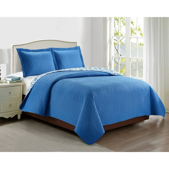 Harper Lane 3-piece Reversible Blue Floral Quilt Set Full/Queen