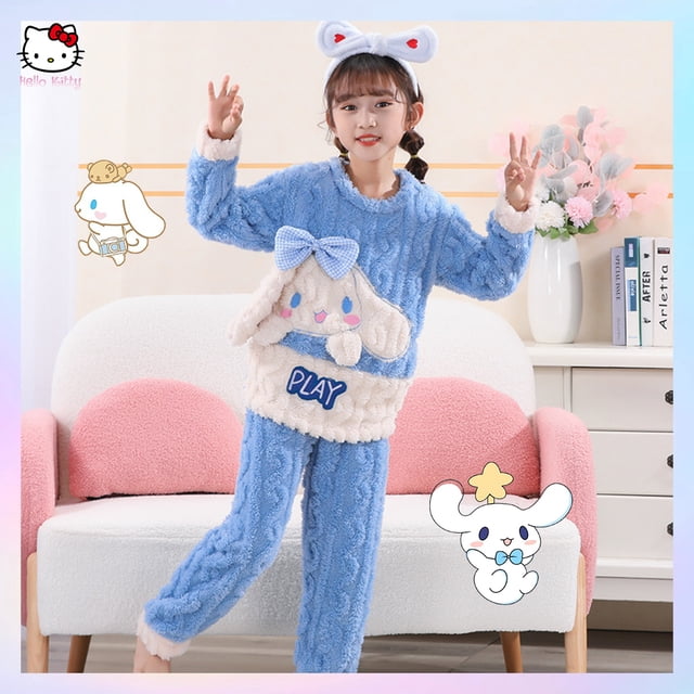 Pijama de franela para niños de Anime Sanrioed, jersey de primavera y otoño, pijama cálido de estilo coreano con dibujos animados de Kuromi Cinnamoroll, ropa de casa para niños