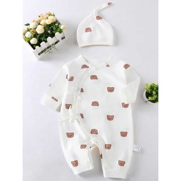 Baby 100% Cotton Bear Jumpsuit Set, White