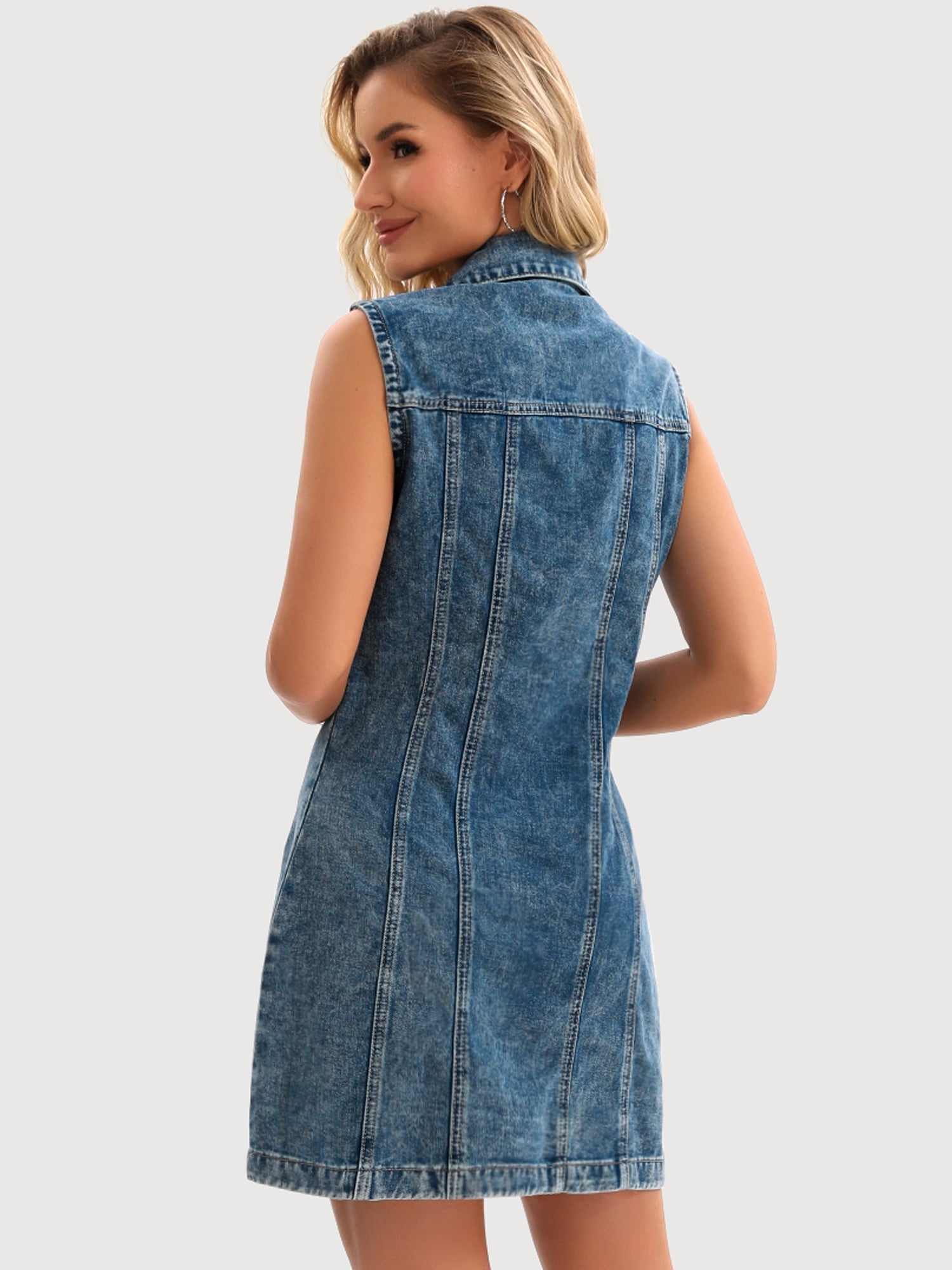 DARING DIVA Women's Sleeveless Collared Button Down Short Jean Dress 2XL Grey Blue