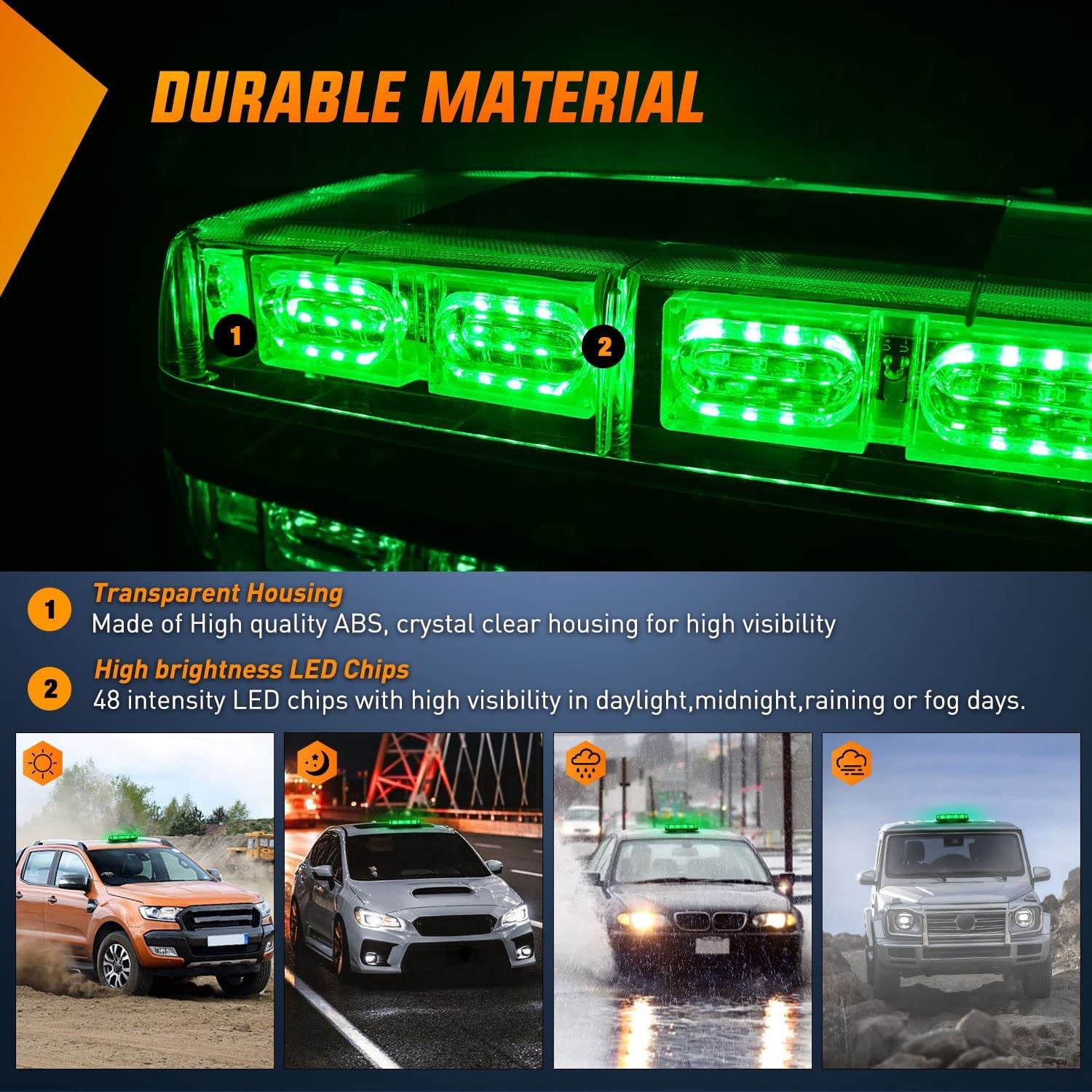Nilight 12" Roof Top Strobe Lights 48Led Green Hazard Light Emergency Safety Warning Led Flashing Light Bar Magnetic Mount for 12V 24V Cars Trucks Tractors Snow Plows
