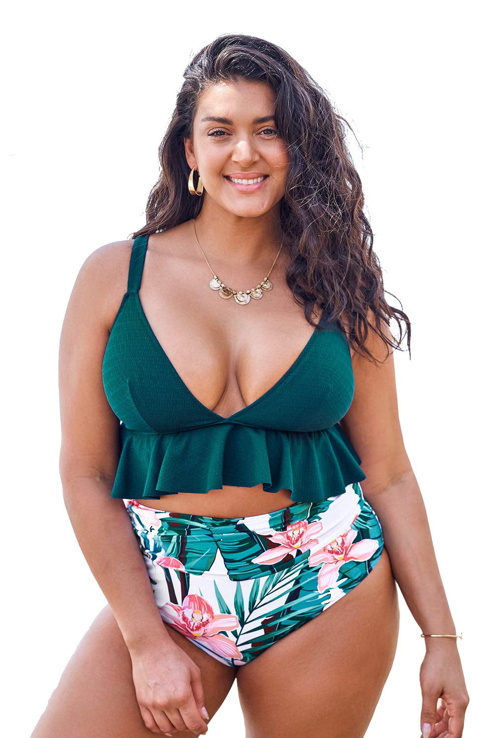 Cupshe Women's High Waisted Green Floral Plus Size Bikini, XXL - Walmart.com