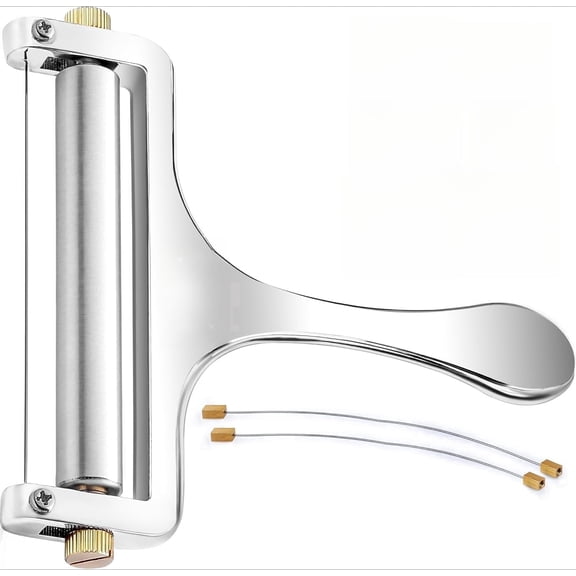 PLERISE Stainless Steel Cheese Slicer with Wire, Adjustable Hand Held Cutter with 2 Extra Wires for Mozzarella Cheddar Gruyere, Silver, 1 Pack