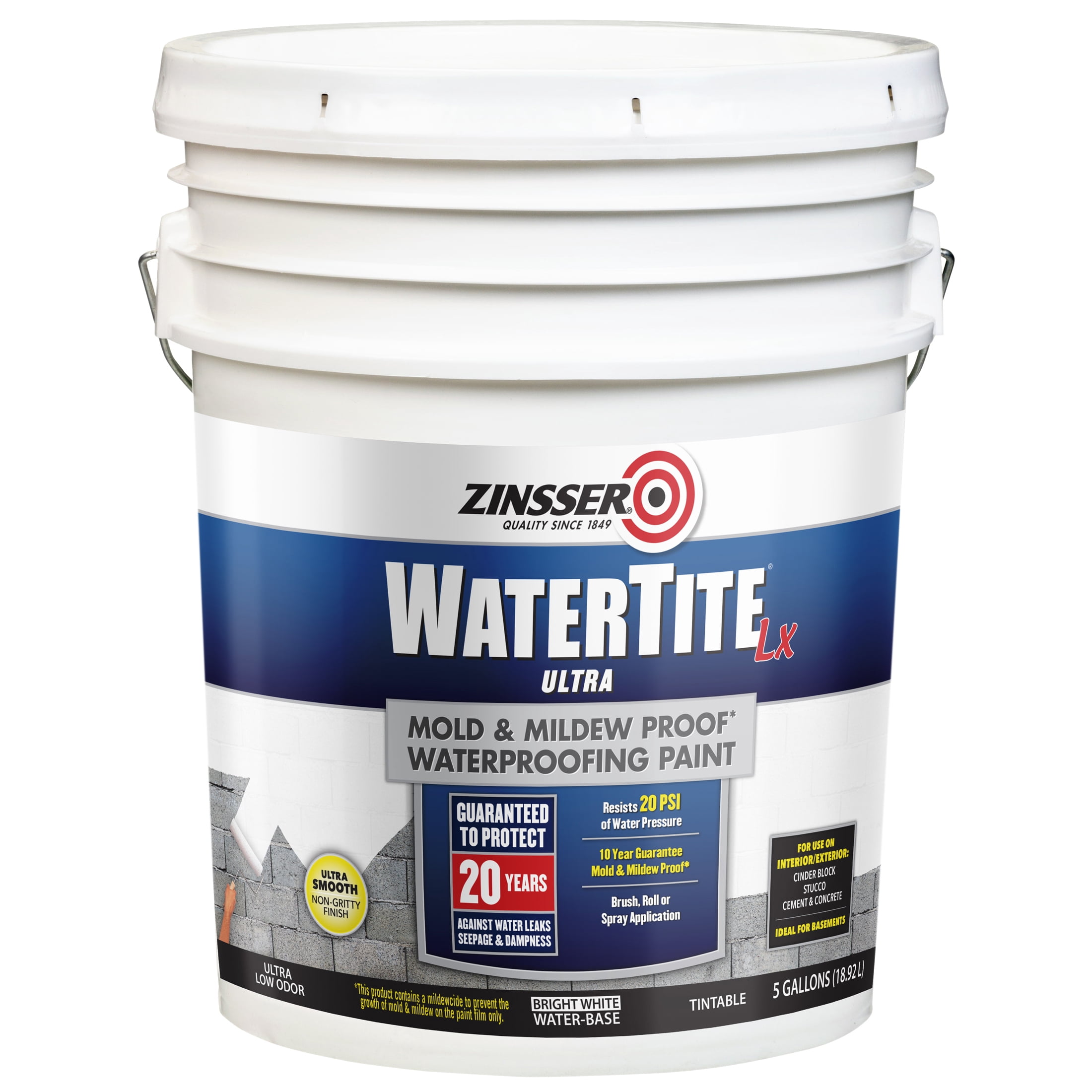 Bright White, Zinsser WaterTite-LX Ultra Matte Mold and Mildew-Proof Waterproofing Paint, 5 Gallon, 1 Pack