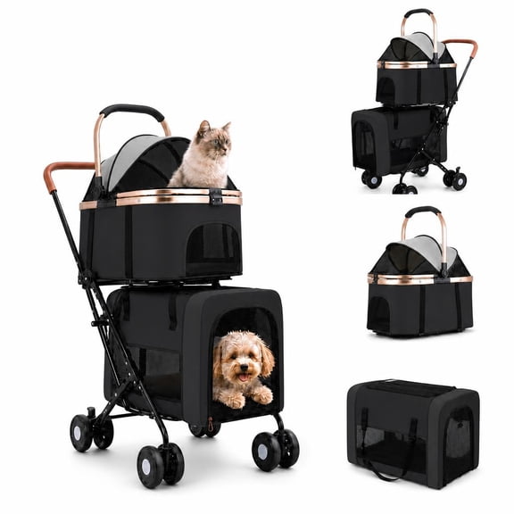 Extra Large Foldable 3-in-1 Pet Stroller for 2 Dogs or Cats, Double Carrier with 4 Lockable Wheels & Safety Tether, Holds up to 60 lbs, Portable Travel Cart for Small to Medium Pets (Black)
