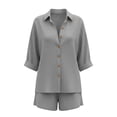 thumbnail image 6 of FengLS Women's Fashion 2 Piece Sets Lapel Collar Button Down Shirt & Short Pants Sets Cotton Linen Lightweight Breathable Sets for Daily Outdoor & Casual Home Wear, 6 of 9
