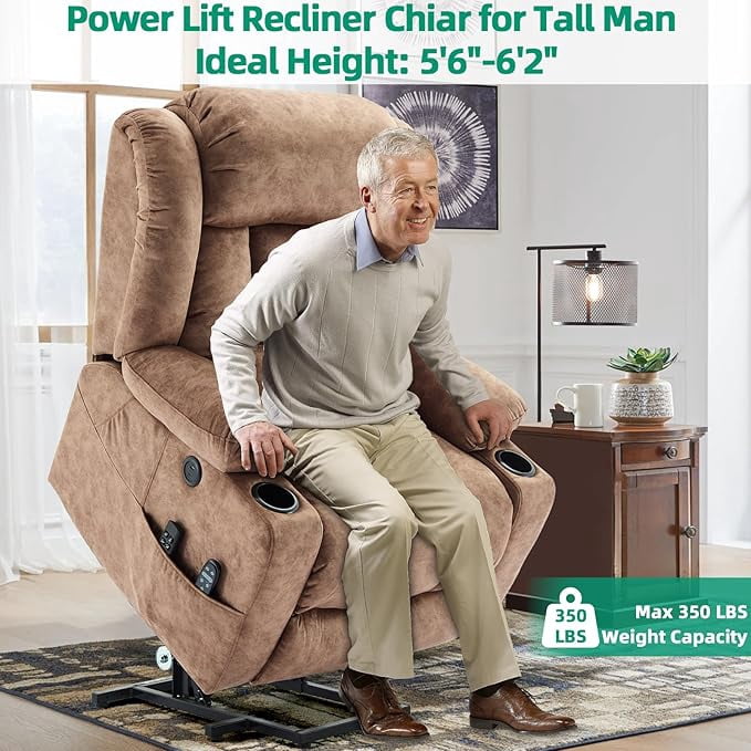 VIVIJASON Tall Man Dual Motor Power Lift Recliner, Oversized Lay-Flat Sleeper with Extended Footrest, Heat, Massage, Lumbar Pillow & USB/Type-C, Plush Brown