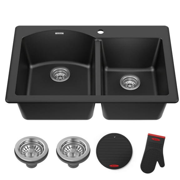 KRAUS Forteza 33” Drop In / Undermount 60/40 Double Bowl Granite Kitchen Sink in Black
