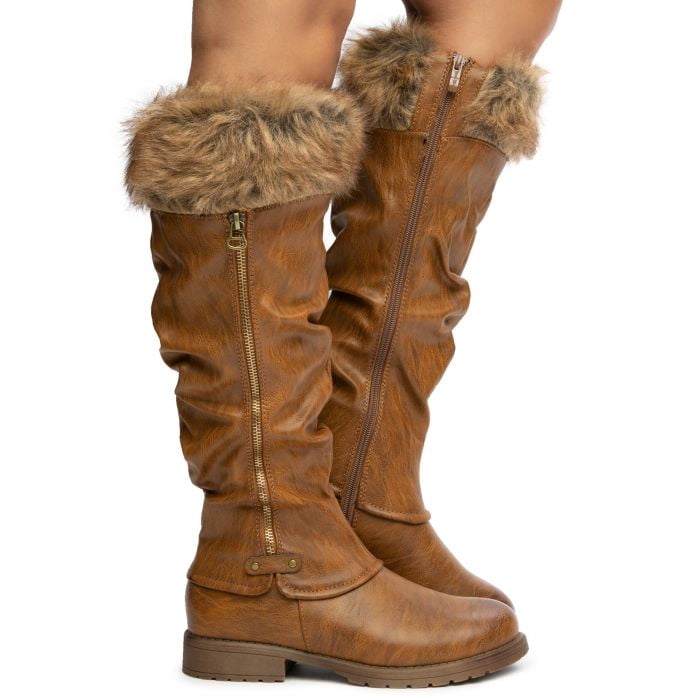 Fourever Funky Women's Faux Fur Knee High Boot Vegan Leather Cold Weather Boots Brown, Size: One Size