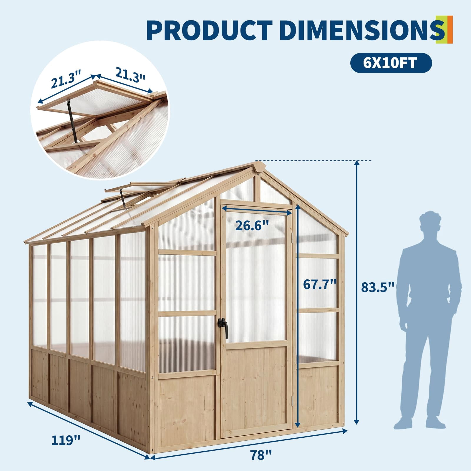 10x6ft Large Wooden Walk-in Greenhouse Kit for Outdoors, Heavy Duty Fir Wood Frame with Polycarbonate Panels & Ventilated Window for Patio Garden Backyard