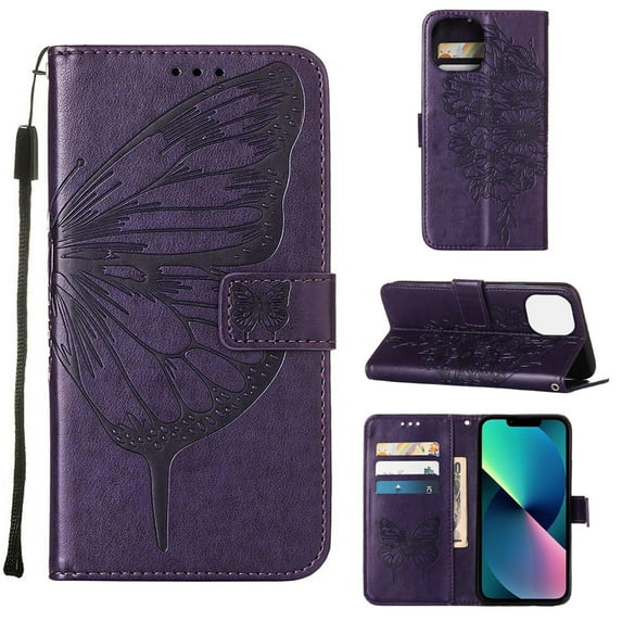 Compatible with iPhone 14 6.1 inch Case, Glitter Leather Flip Wallet Diamond Butterfly Shockproof Case with Card Holder Stand with Wrist Strap Compatible with iPhone 14,Purple