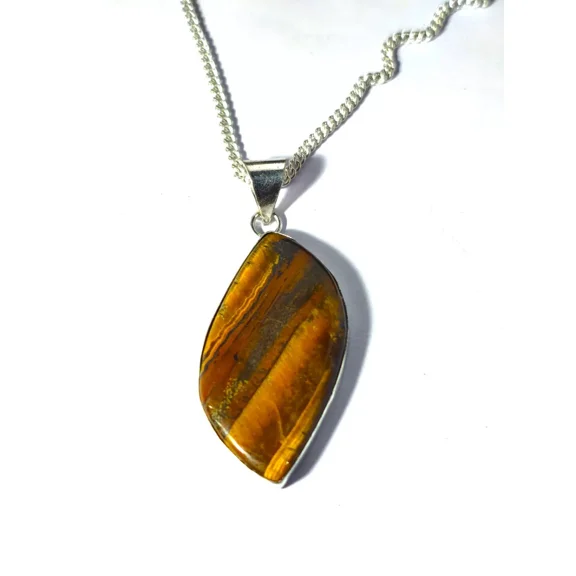 ROYALGEMSTONE Natural Tiger's Eye Gemstone Pendant Necklace Sterling Silver Chain, Tiger's Eye