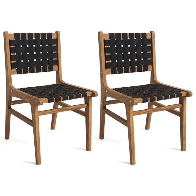 Gymax 2PCS Solid Teak Hand-Woven Strap Outdoor Dining Chairs w/Flex Support for Garden