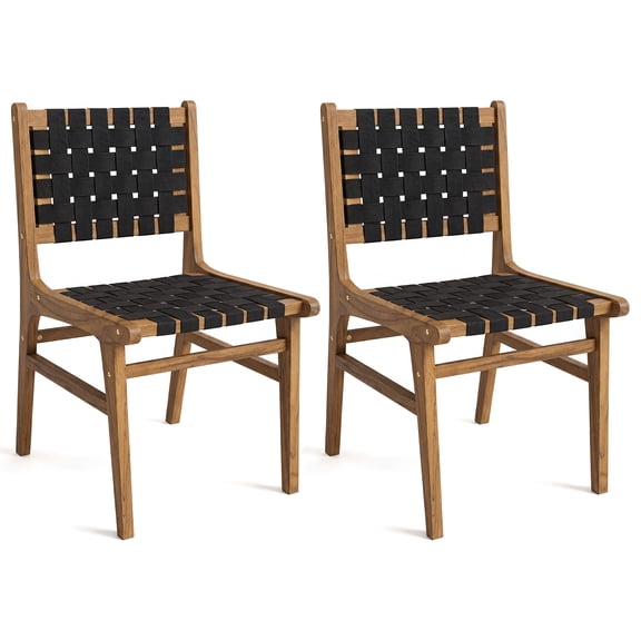 Gymax 2PCS Solid Teak Hand-Woven Strap Outdoor Dining Chairs w/Flex Support for Garden