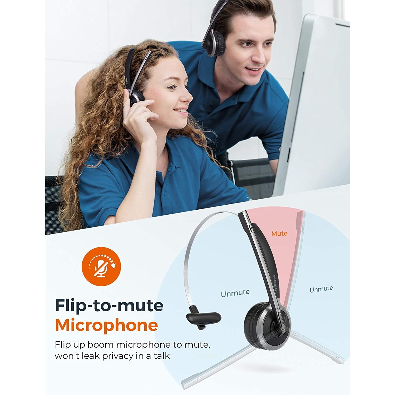 Teetheory Bluetooth Headset with Noise Canceling Microphone, Wireless Headset with Charging Base, Flip-to-Mute Mic, 18H Talk Time, 200H Standby