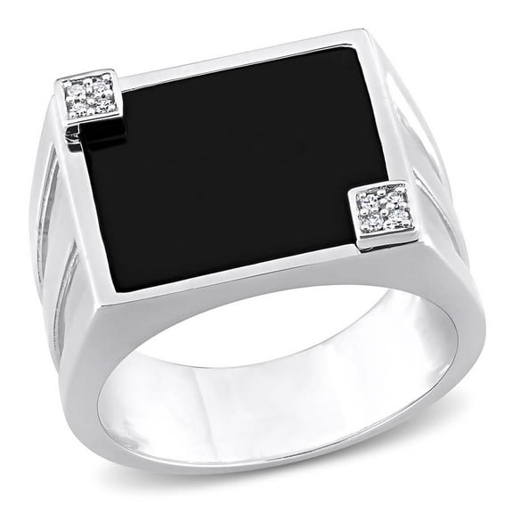 AMOUR 5 CT TGW Square Black Onyx and Diamond Accent Men's Ring In Sterling Silver
