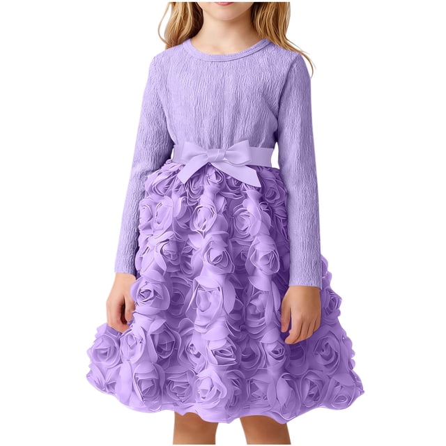 SBYOJLPB Robe à Col Rond pour Enfants Couleur Unie Robe à Manches Longues Jupe Décontractée et Confortable avec Nœud en Maille pour Filles