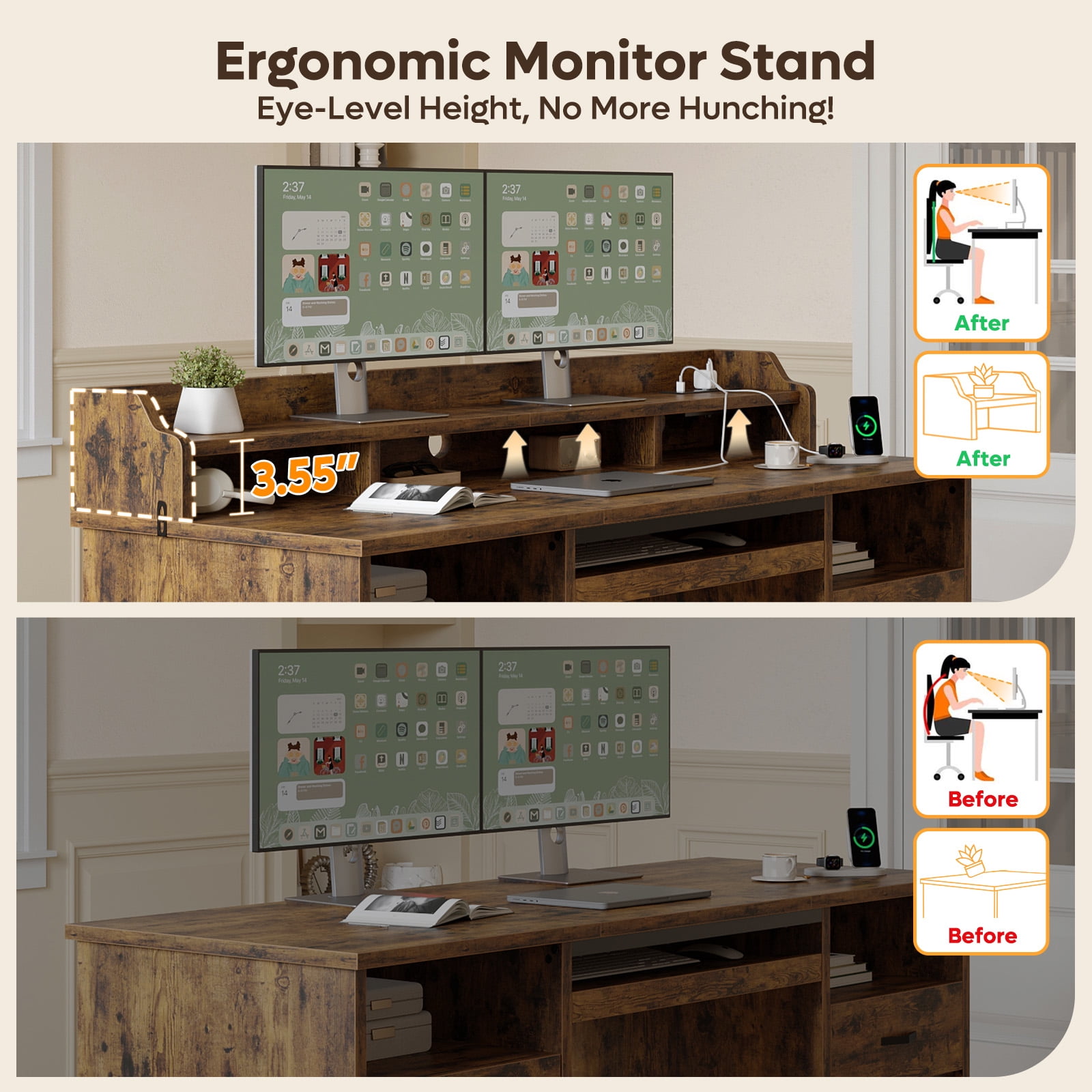 Bestier Farmhouse Executive Desk with Drawers, 59" Wood Computer Desk with Charging Station, Home Office Desk with Keyboard Tray & Monitor Stand，File Cabinet Sturdy Desk for Work Study, Rustic Brown