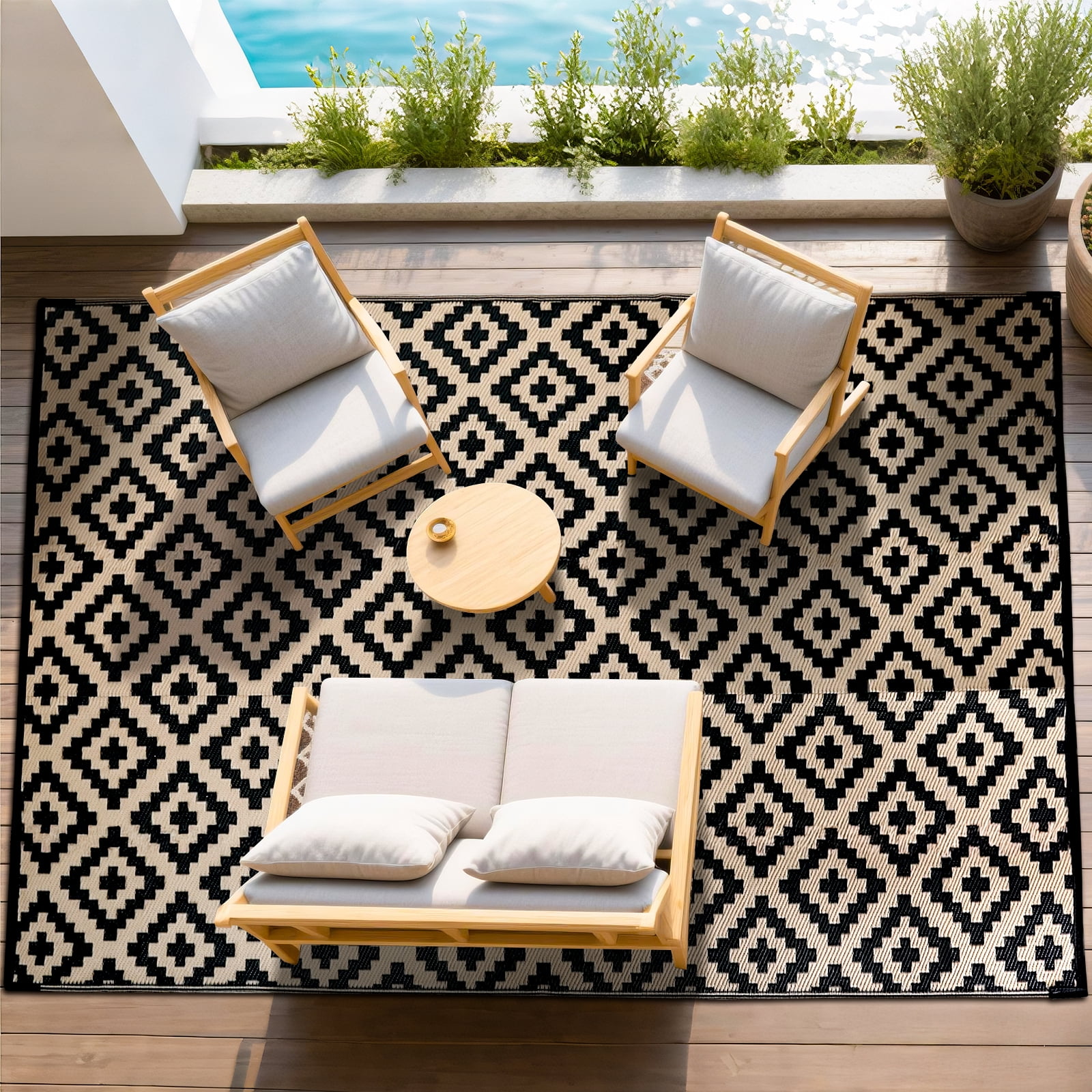 ZRSDIXK 5'×8' Outdoor Rug Waterproof Patio Carpet Outdoor Area Rug Large Plastic Straw Mat for RV Camping Porch Deck Balcony, Black and Brown