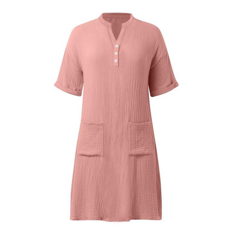 Women's Casual V-Neck Button-Up Dress, Short Sleeve Flowy Summer Beach  Vacation Knee-Length Shirt Dress with Pockets, Relaxed Fit Pure Color -  Walmart.com